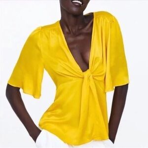 Yellow Tie-Front V-Neck Blouse